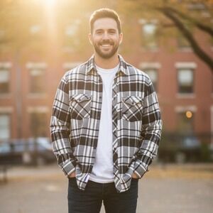 K2‎ Button Up Mens Size Large Plaid Flannel Shirt Long Sleeve Black White Gray